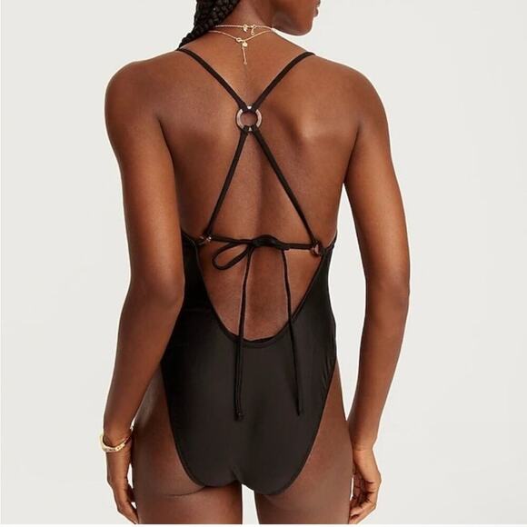 J. Crew O-Ring V-Neck One Piece Swimsuit in Black Sz 24 NEW - Picture 2 of 9